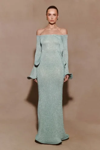 Sandrine maxi-jurk van lurexbreisel – Aqua
