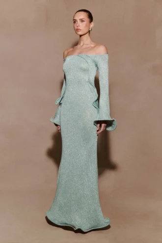 Sandrine maxi-jurk van lurexbreisel – Aqua