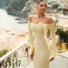 Sandrine off-shoulder gebreide maxi-jurk – Lemon Sandrine off-shoulder gebreide maxi-jurk – Lemon