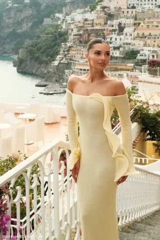 Sandrine off-shoulder gebreide maxi-jurk – Lemon