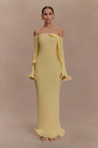 Sandrine off-shoulder gebreide maxi-jurk – Lemon