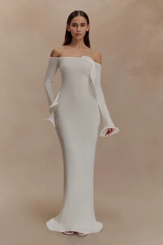 Sandrine off-shoulder gebreide maxi-jurk – Wit