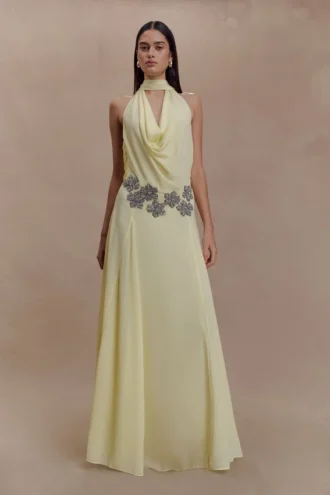 Santal Floral Chiffon Halter Maxi-jurk – Lemon