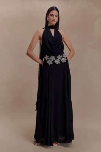 Santal halter maxi-jurk van chiffon met bloemenprint – Zwart