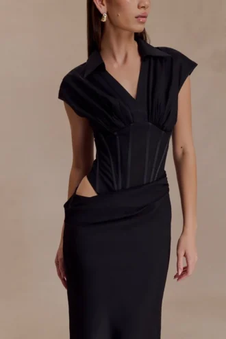 Saphira shirtcorset maxi-jurk – Zwart