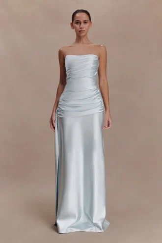 Sarah strapless maxi-jurk met strik in de taille – IJsblauw