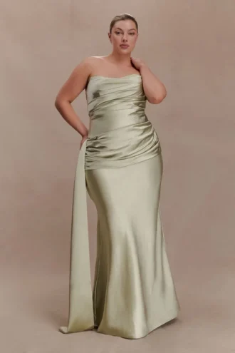 Sarah strapless maxi-jurk met strik in de taille – salie