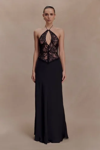 Sascha kanten en satijnen halter maxi-jurk – Zwart