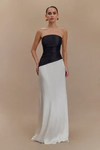 Serena strapless maxi-jurk van taft – wit/zwart