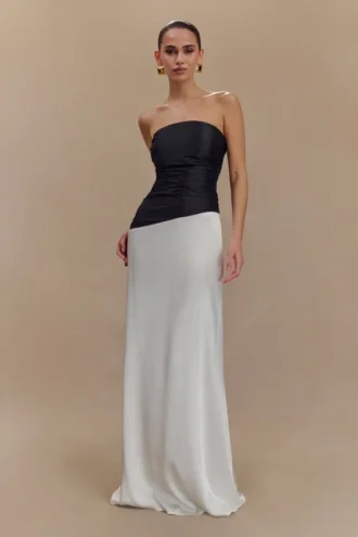 Serena strapless maxi-jurk van taft – wit/zwart