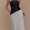 Serena strapless maxi-jurk van taft – wit/zwart