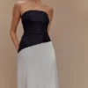 Serena strapless maxi-jurk van taft – wit/zwart