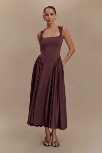 Sharon midi-jurk van scuba-jersey – Cacaobruin