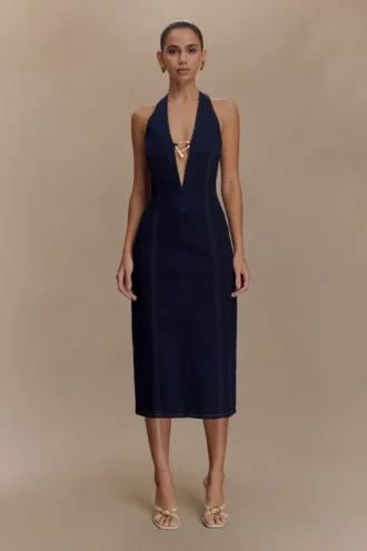 Shauna Denim halter midi-jurk – Indigo Blue