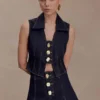 Shona Denim Vest With Decorative Buttons – Gewassen Indigoblauw