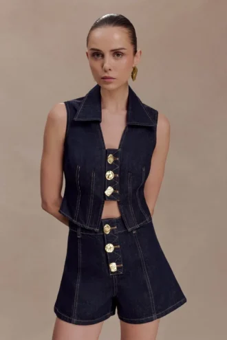Shona Denim Vest With Decorative Buttons – Gewassen Indigoblauw