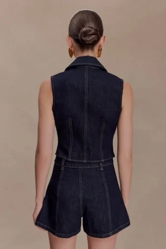 Shona Denim Vest With Decorative Buttons – Gewassen Indigoblauw