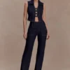 Shona Denim Vest With Decorative Buttons – Gewassen Indigoblauw