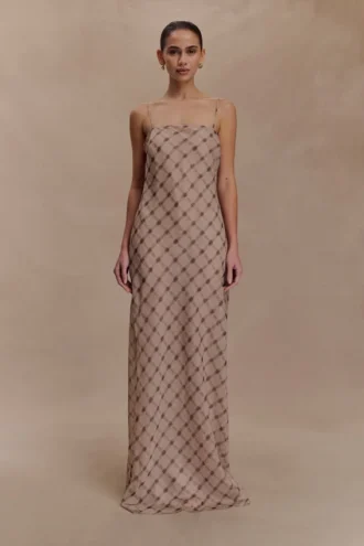 Silvana chiffon maxi-jurk – slangenprint, mokka