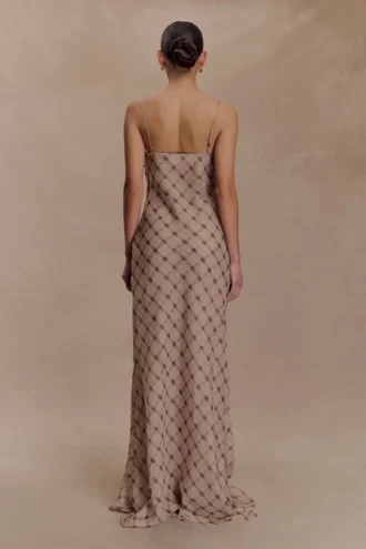 Silvana chiffon maxi-jurk – slangenprint, mokka