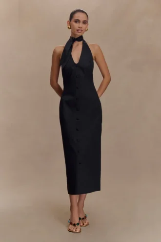 Simona halternek midi-jurk – Zwart