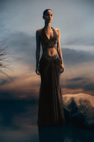 Siren satijnen maxi-rok met strass – donkerbruin