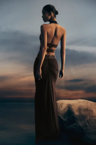 Siren satijnen maxi-rok met strass – donkerbruin