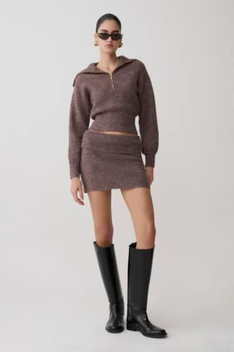 Skylaine gebreid minirok – bruin gemêleerd