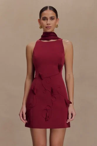 Skyler Suiting geborduurde mini-jurk – Wijnrood