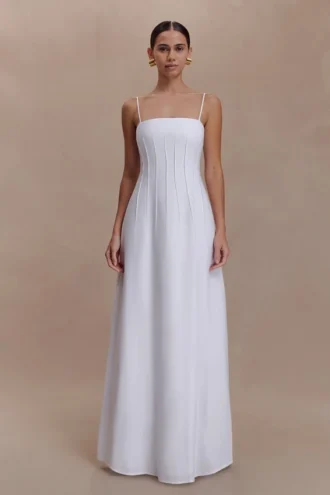 Sofie linnen maxi-jurk met plooitjes – Wit