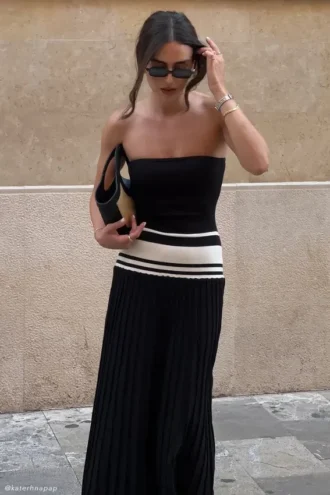 Solaris strapless maxi-jurk van contrasterend breiwerk – Zwart/Wit