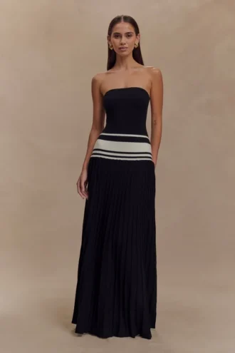 Solaris strapless maxi-jurk van contrasterend breiwerk – Zwart/Wit