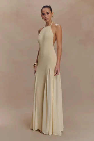 Soleil gebreide en mesh halter maxi-jurk – Crème
