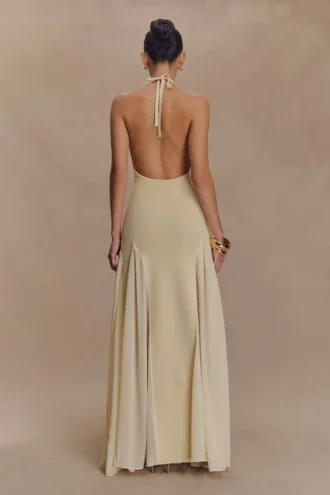 Soleil gebreide en mesh halter maxi-jurk – Crème