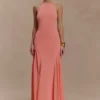 Soleil gebreide en mesh halter maxi-jurk – koraal