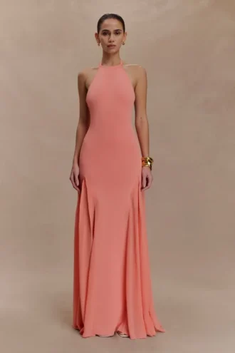 Soleil gebreide en mesh halter maxi-jurk – koraal
