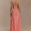 Soleil gebreide en mesh halter maxi-jurk – koraal