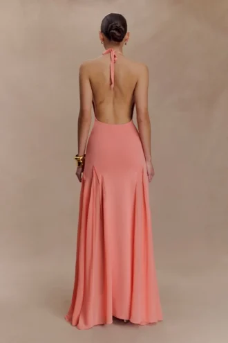 Soleil gebreide en mesh halter maxi-jurk – koraal