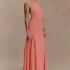Soleil gebreide en mesh halter maxi-jurk – koraal