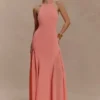 Soleil gebreide en mesh halter maxi-jurk – koraal