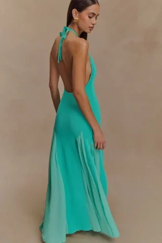 Soleil gebreide en mesh halter maxi-jurk – Lagoon