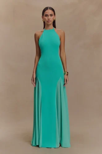 Soleil gebreide en mesh halter maxi-jurk – Lagoon