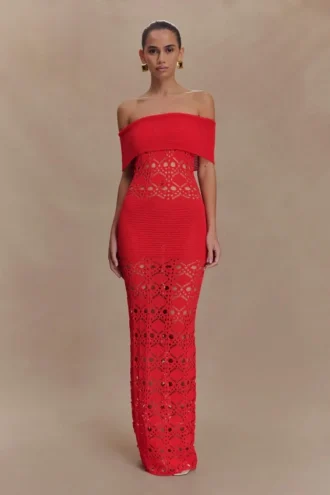 Solstice off-shoulder gehaakte maxi-jurk – Bloedsinaasappel