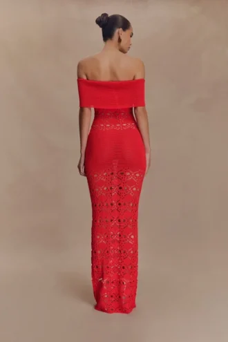 Solstice off-shoulder gehaakte maxi-jurk – Bloedsinaasappel