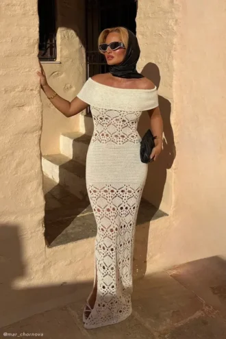 Solstice off-shoulder gehaakte maxi-jurk – ivoor