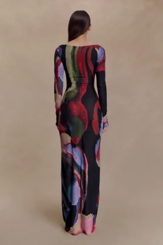 Soraya maxi-jurk met lange mouwen van mesh – Multi Fluid Reverie-print