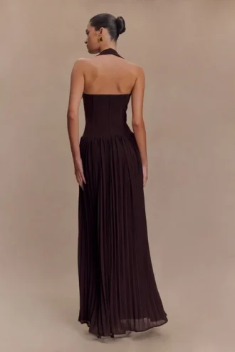 Stacie geplooide halter maxi-jurk – Cacao