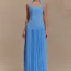 Stacie geplooide halter maxi-jurk – felblauw