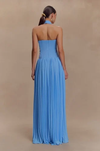 Stacie geplooide halter maxi-jurk – felblauw