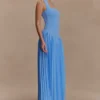 Stacie geplooide halter maxi-jurk – felblauw